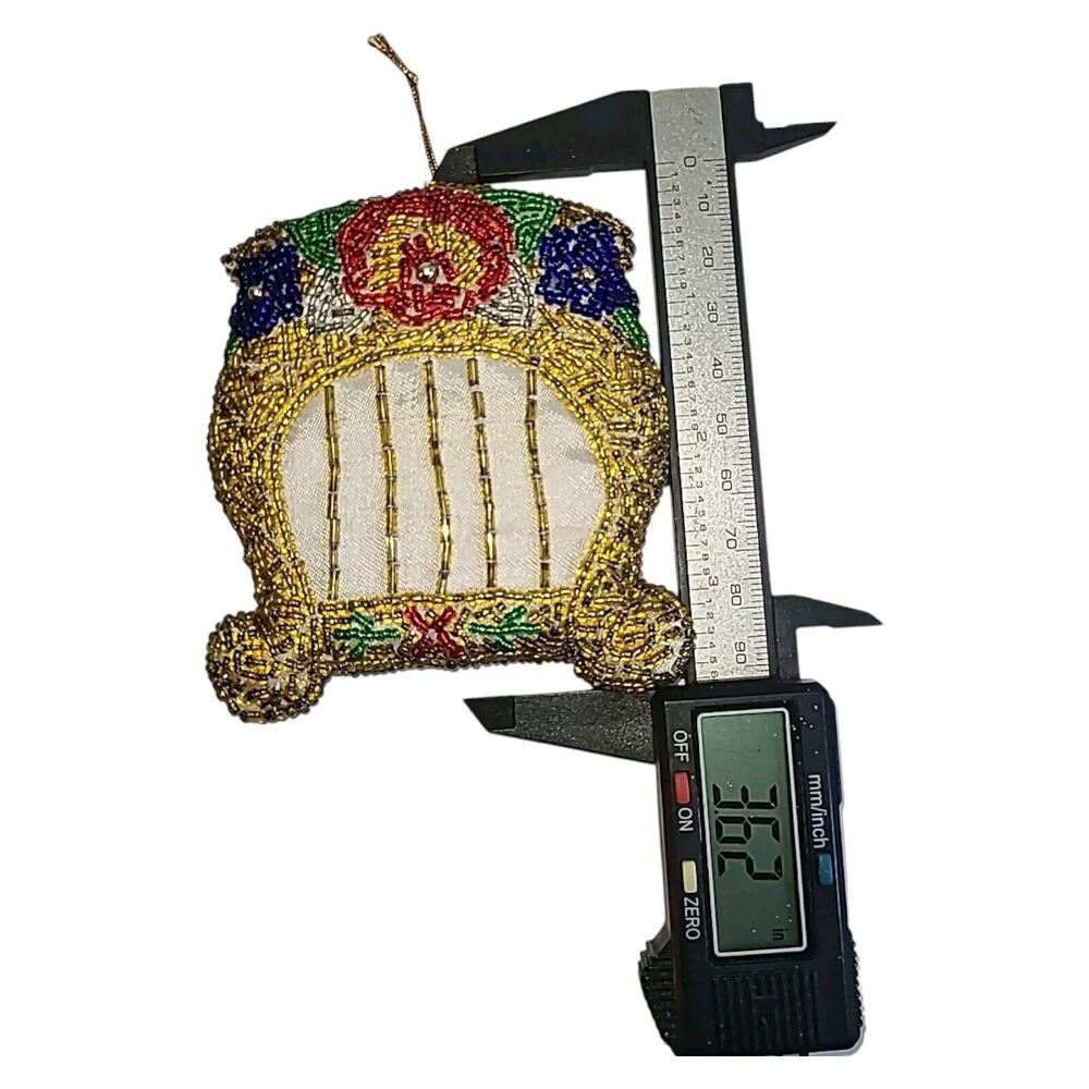 Vintage Handmade Glass‎ Beaded Plush Mandolin Lute Harp Christmas Ornament Music - Picture 4 of 4